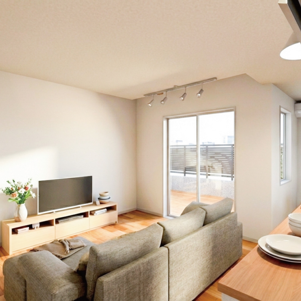 リビングと繋がるウッドデッキのあるアクティブな家